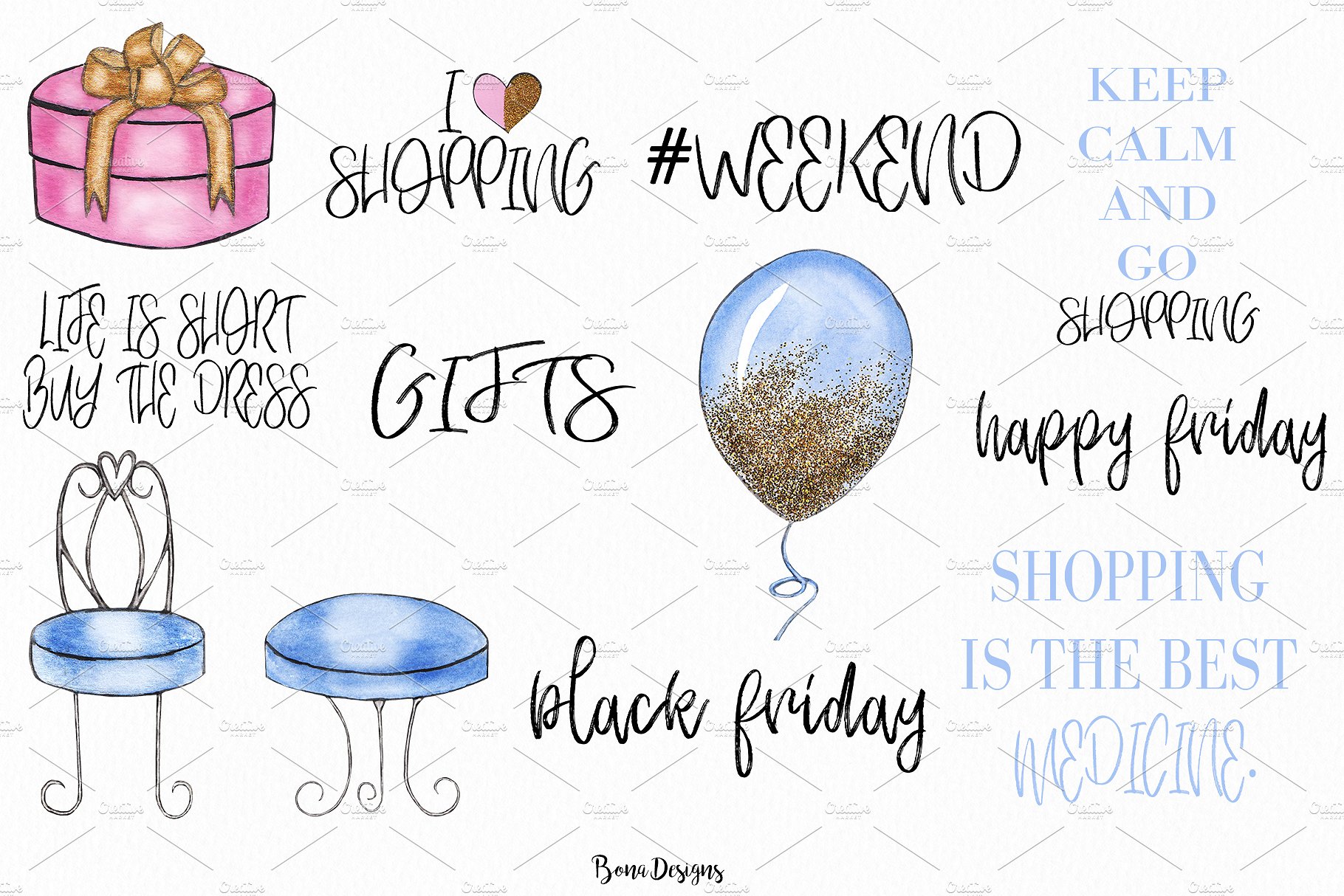 水彩风格的时尚购物剪贴画合辑下载[png]