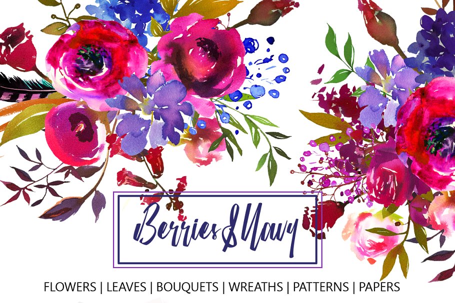 蓝莓色&海军蓝水彩花卉剪贴画 Berry & Navy Watercolor Flowers PNG