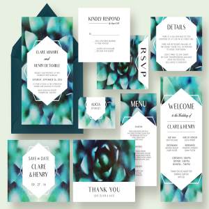 多肉植物插画婚礼邀请设计套件模板 Succulent Wedding Invitation Suite
