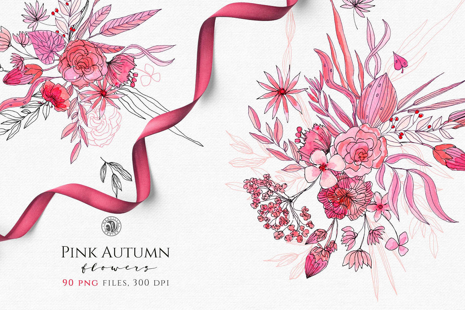 粉红水墨秋季水彩花卉插画 Pink Autumn Flowers