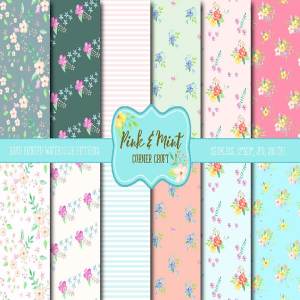 粉色和薄荷色礼品纸张图案素材 Digital Paper Floral Pink and Mint