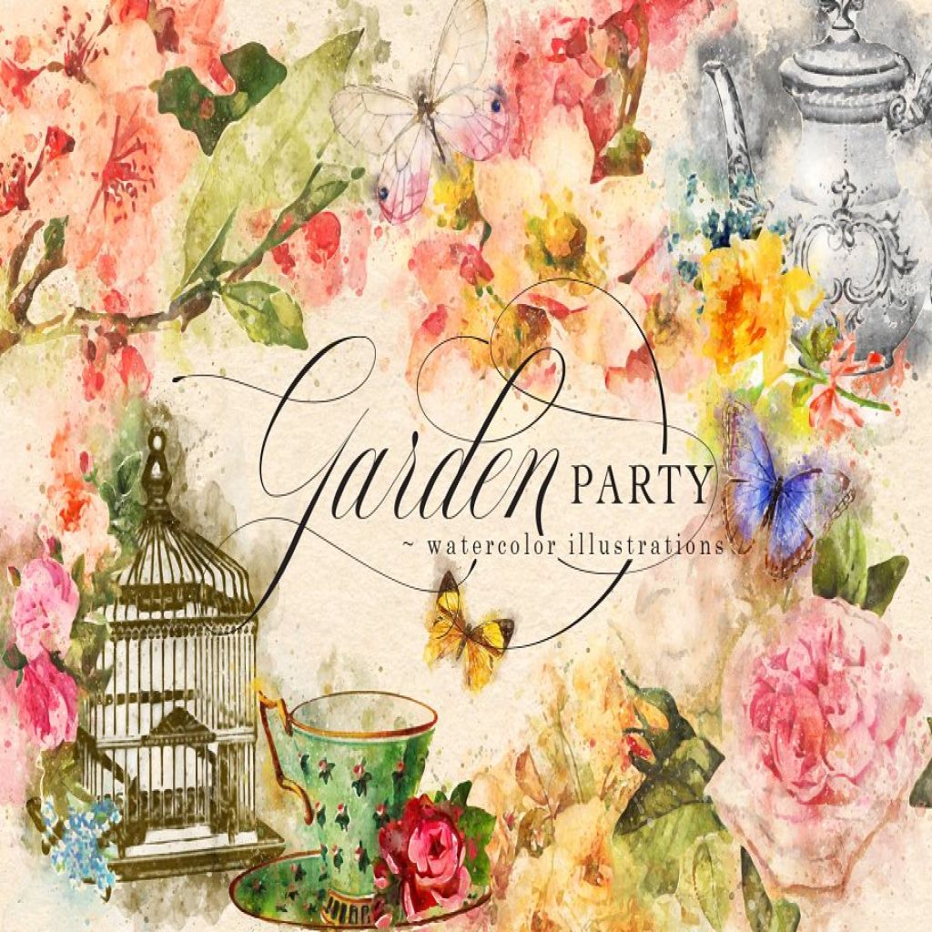 花园派对水彩剪贴画garden Party Watercolor Graphics 一流设计网