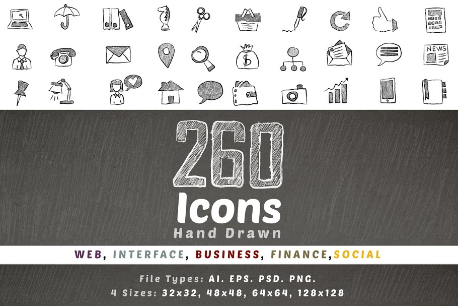 260枚铅笔手绘图标集 260 Hand Drawn Icons