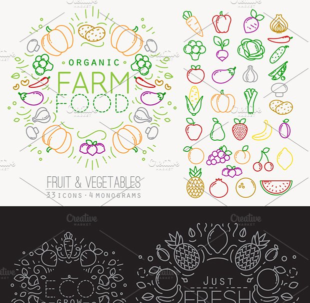 扁平化水果蔬菜食物元素插图 Flat Fruits & Vegetables Icons