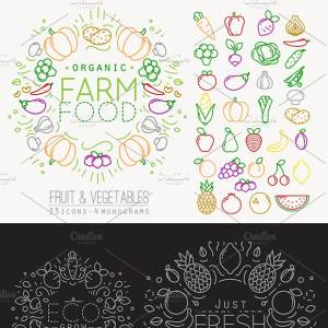 扁平化水果蔬菜食物元素插图 Flat Fruits & Vegetables Icons