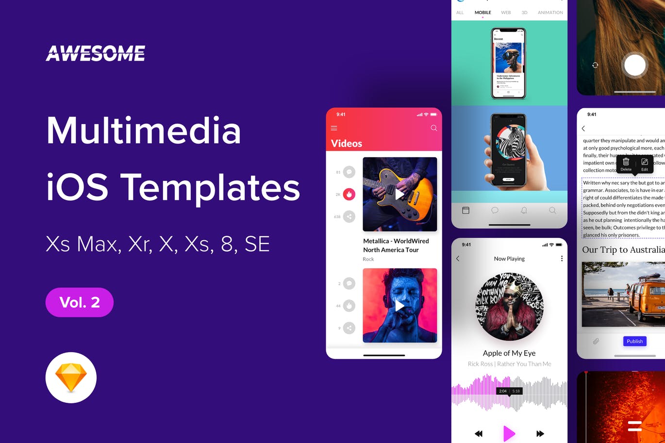 iOS手机多媒体应用UI设计套件SKETCH素材v2 Awesome iOS UI Kit – Multimedia Vol. 2 (Sketch)