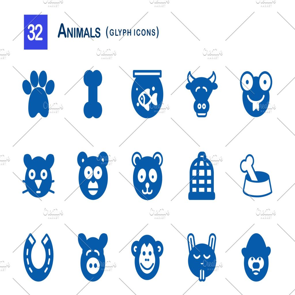 32個可愛單色動物輪廓圖標 32 animals glyph icons – 一流設計網