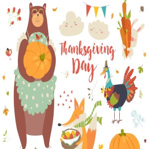 感恩节可爱动物手绘矢量图形素材 Thanksgiving set with cute forest animals, leaves
