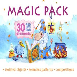 可爱的魔术水彩元素剪贴画素材PSD