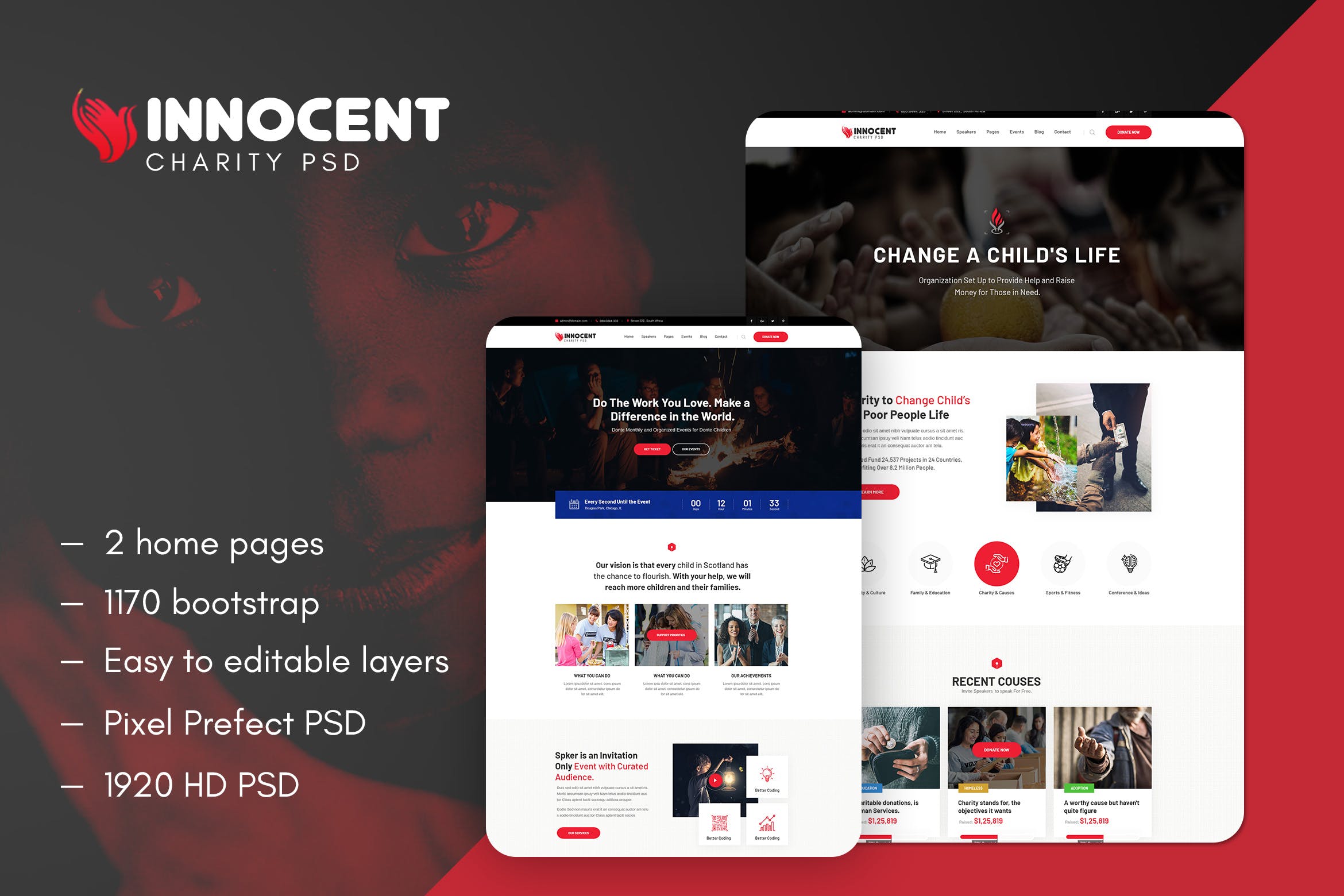 非营利慈善机构官网网站设计PSD模板 Innocent – Nonprofits Charity PSD Template