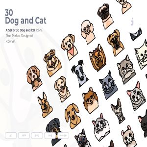30枚狗&猫彩色矢量图标素材 30 Dog and Cat Icons