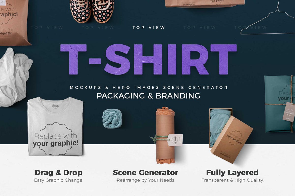 T恤衫及包装样机和场景模板 T-shirt and Packages Mockups & Scene Generator