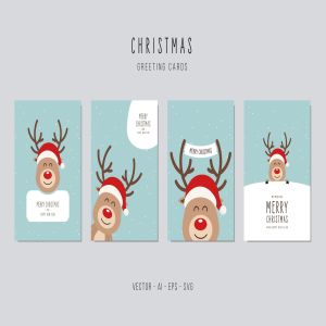 可爱卡通驯鹿圣诞节贺卡矢量设计模板 Christmas Reindeer Greeting Vector Card Set