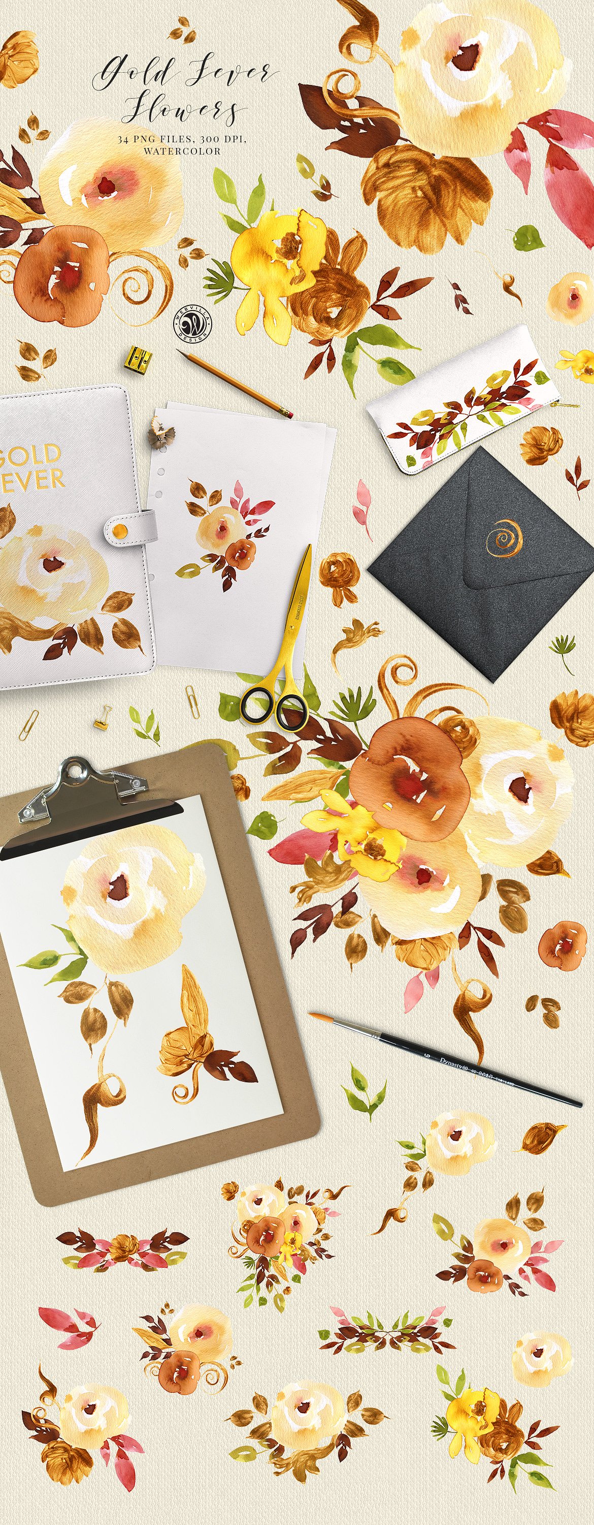 金色手绘水彩画插画 Gold Fever Flowers