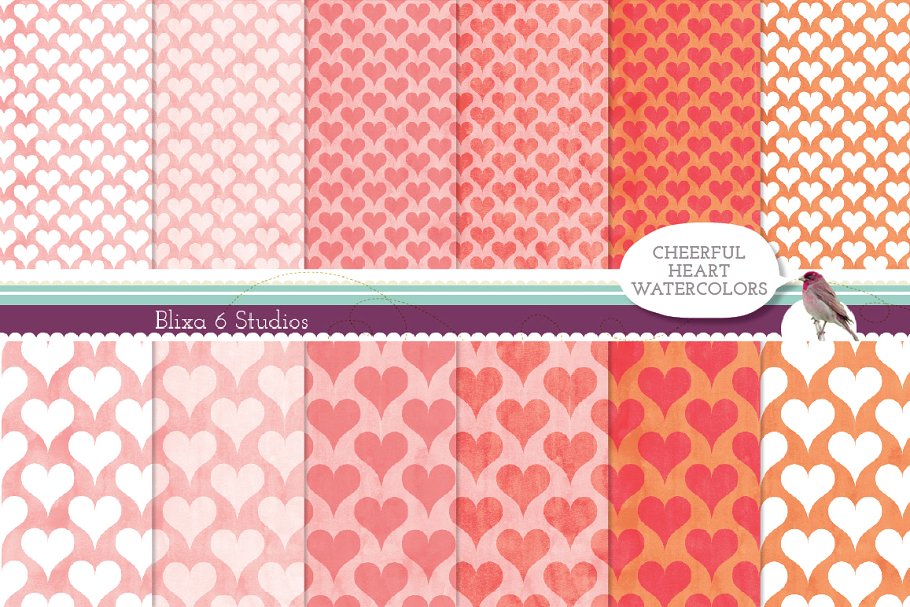 水彩爱心/红心无缝纸质背景 Cheerful Heart Watercolor Papers