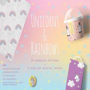 独角兽与彩虹矢量图案纹理 Unicorns & Rainbows Vector Patterns