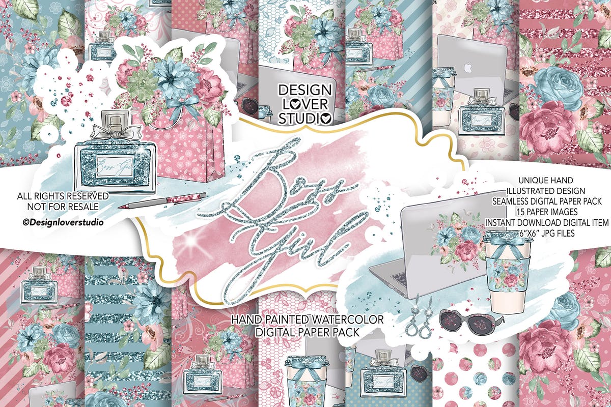 水彩花卉无缝图案设计素材 Boss Girl digital paper pack