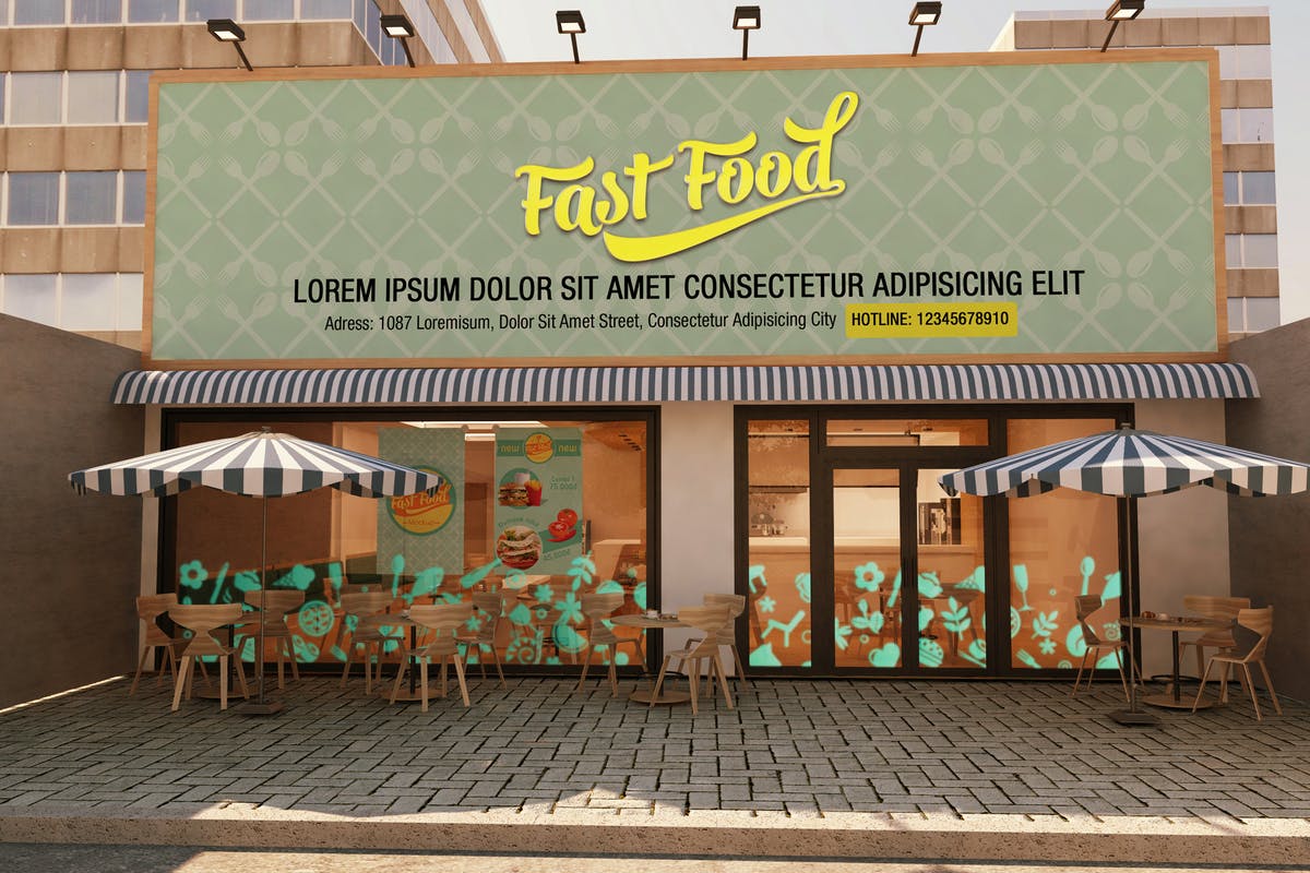 快餐店餐厅广告招牌商标样机 The Mockup Branding For Fast Food Outlets