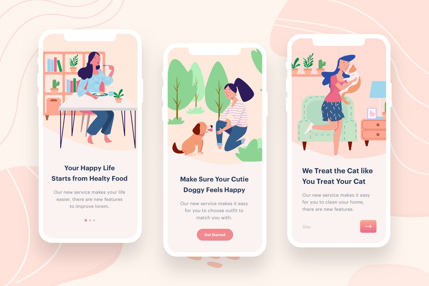 女性吃喝玩乐主题APP应用启动页矢量插画素材 Women’s Eat & Play Illustration