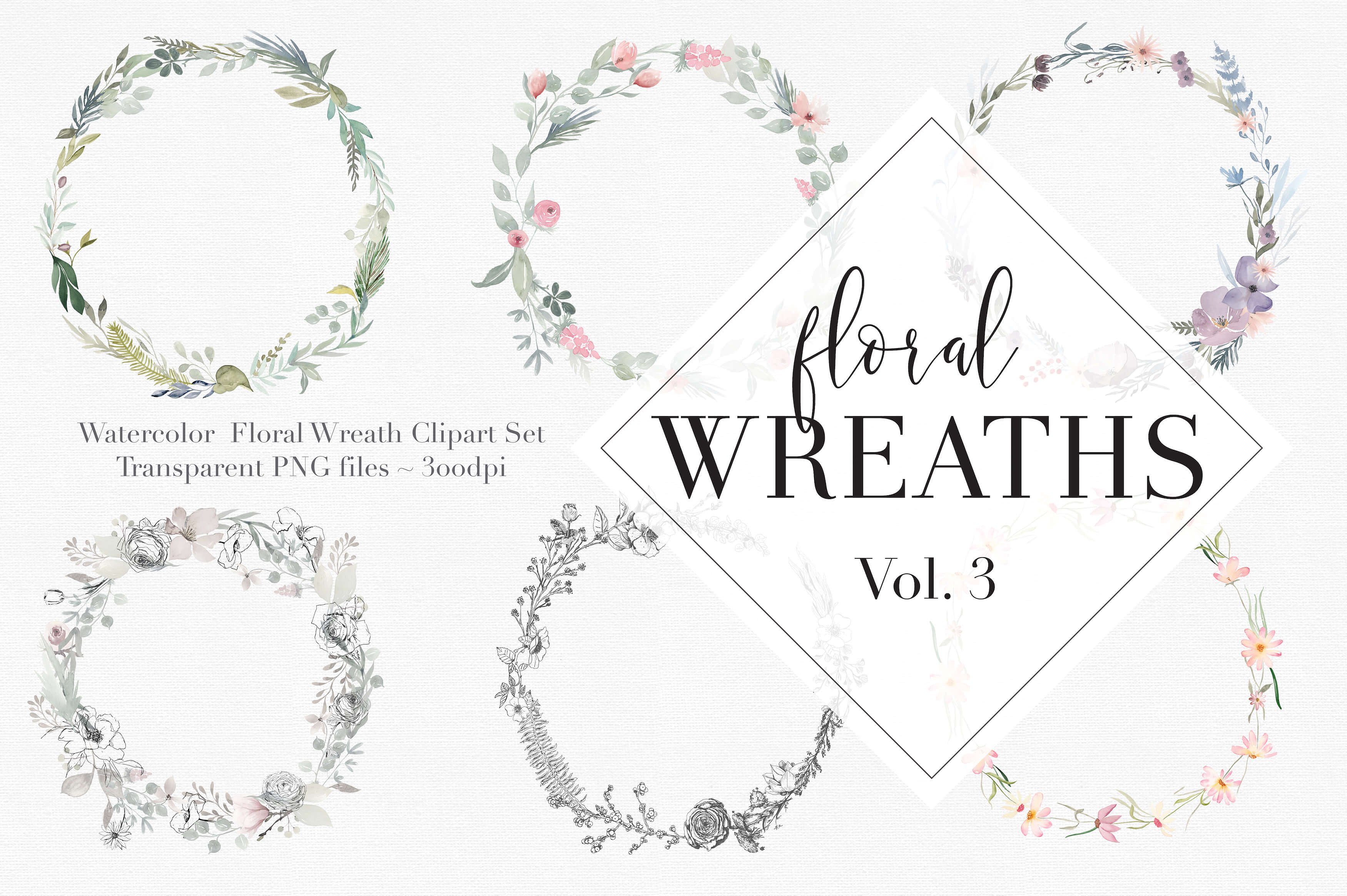 独特的手绘花卉花环剪贴画合集 Vol.3 Watercolor Floral Wreaths Vol.3