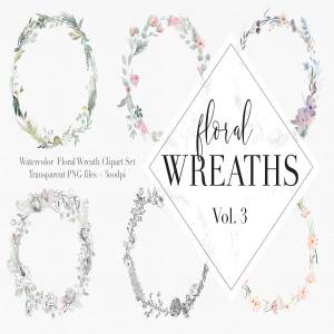 独特的手绘花卉花环剪贴画合集 Vol.3 Watercolor Floral Wreaths Vol.3