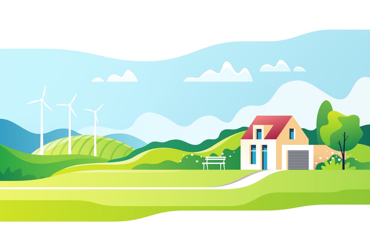 春天郊区乡村景观概念插画 Spring Rural Landscape