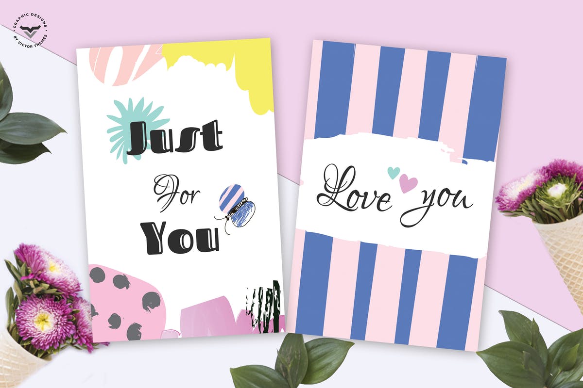 情人节涂鸦插画图案贺卡PSD模板 Valentines Day Greeting Card Template