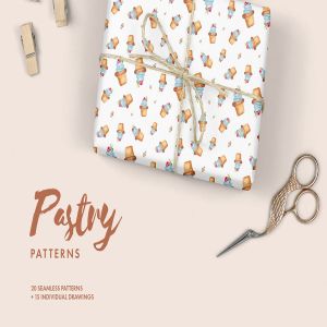手绘水彩糕点无缝图案合集 Watercolor Pastry Patterns