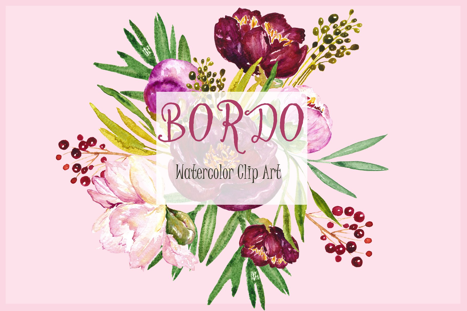 水彩牡丹花卉剪纸艺术数字剪贴画 Peony Bordo. Watercolor Clipart.