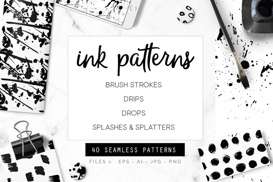 墨水图案无缝矢量纹理 Ink Vector Seamless Patterns