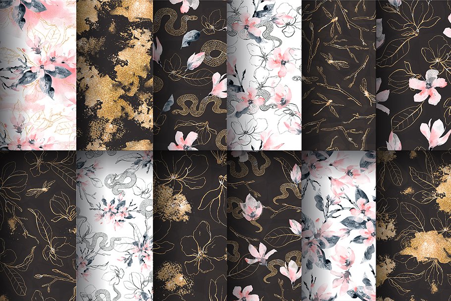 高贵品质的蛇&花卉水彩图案合集