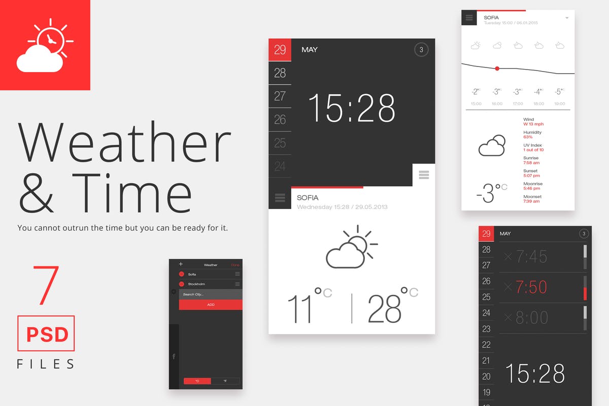 天气&时间APP应用界面设计PSD模板 Weather and Time App PSD
