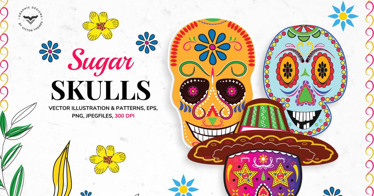创意糖果骨头矢量插画设计素材 Sugar Skulls Graphics