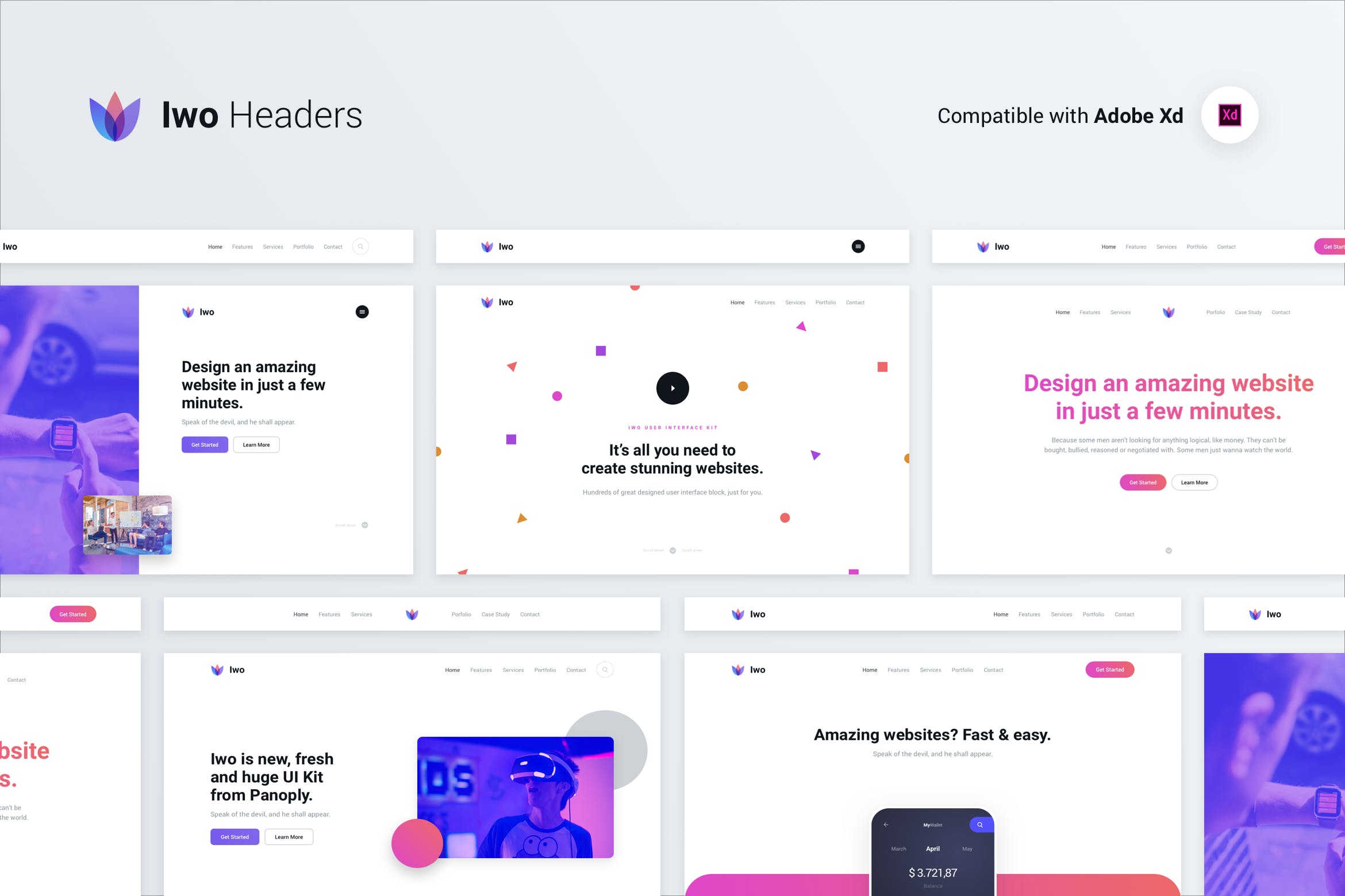 IWO现代创意网站UI设计套件XD模板 Iwo Web UI Kit – Headers & Covers – Adobe Xd