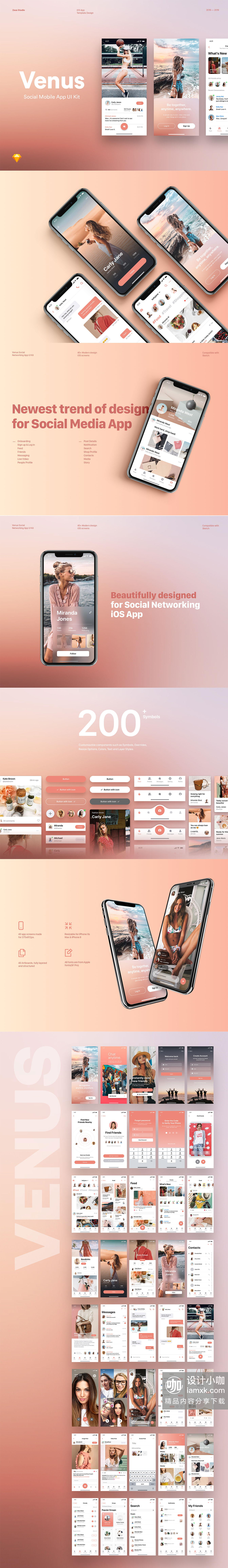 一流设计素材网下午茶：时尚美丽漂亮的社交平台 APP UI KIT 模板套装下载 [Sketch]