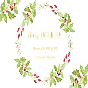 水彩花卉剪贴画 Holly Premium watercolor Clipart.