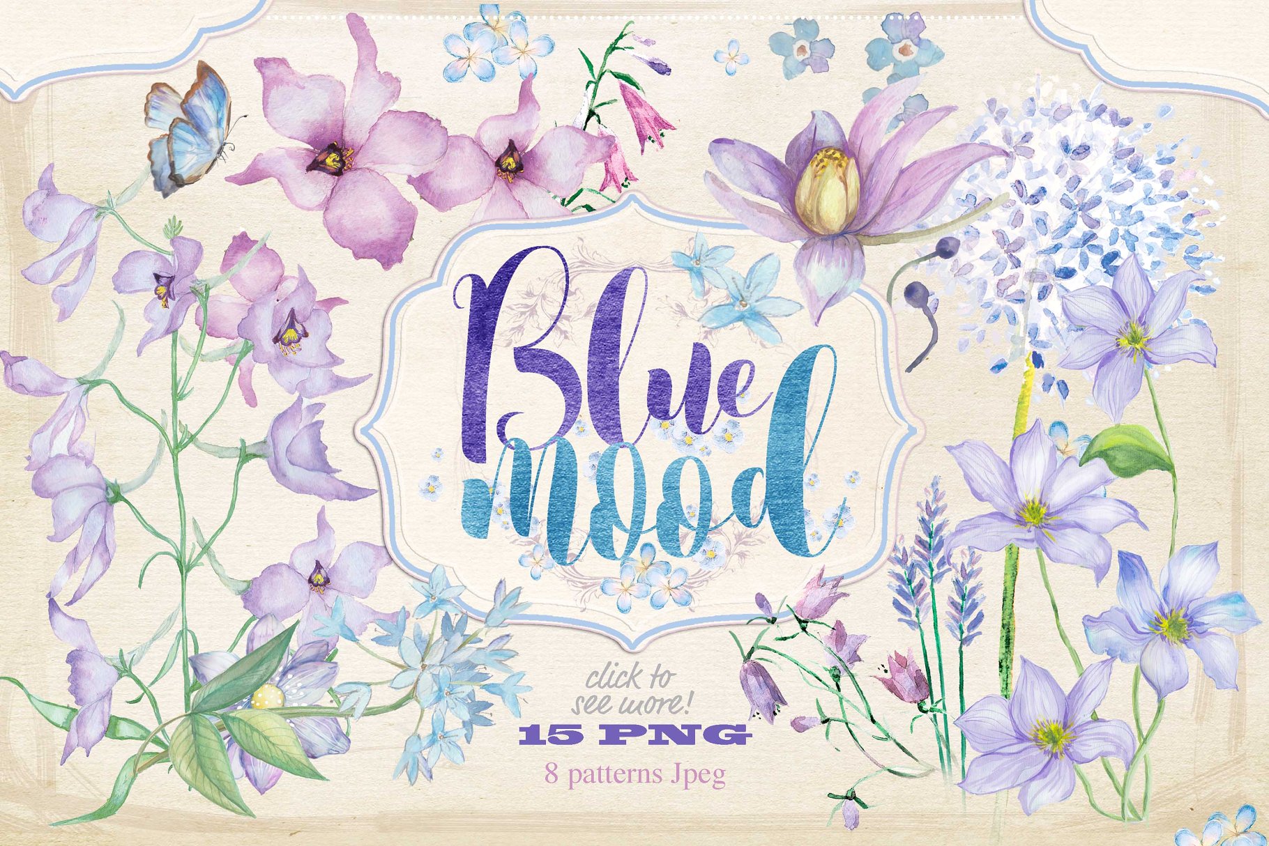 蓝色手绘水彩花卉插画素材合集 Floral collection “Blue mood”