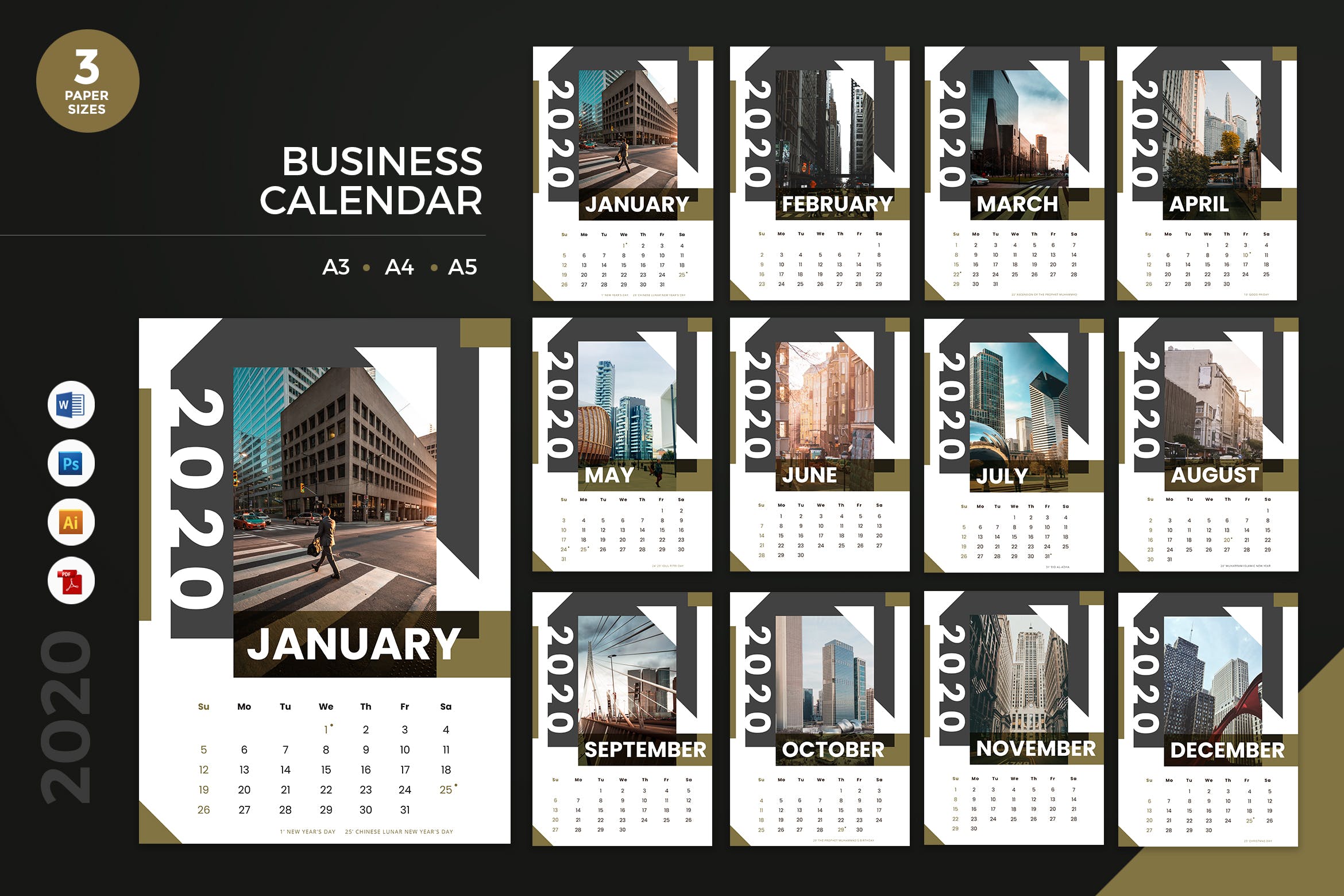 金融行业定制2020年日历表设计模板 Business Calendar 2020 Calendar – AI, DOC, PSD