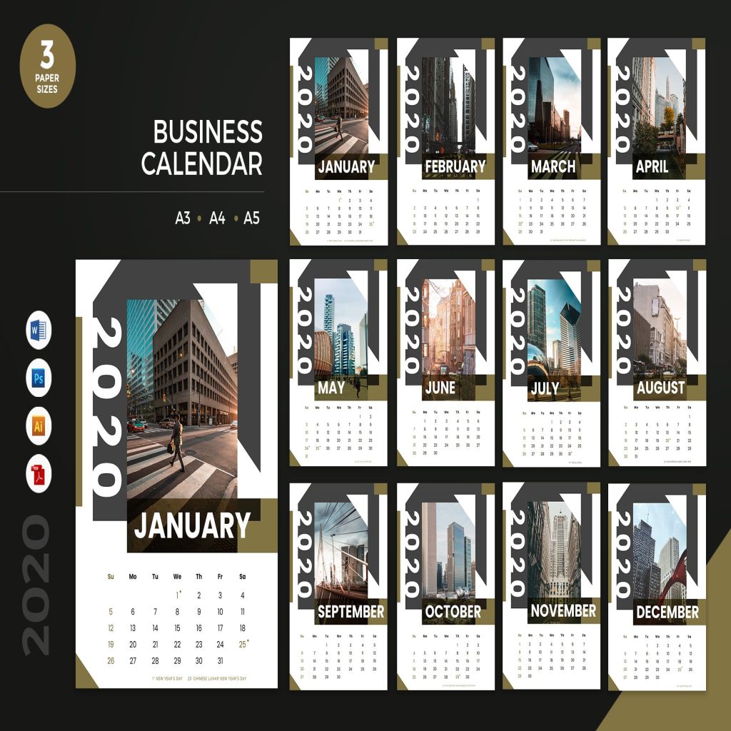 金融行业定制2020年日历表设计模板 Business Calendar 2020 Calendar – AI, DOC, PSD插图