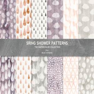 雨滴云朵水彩图案背景素材 Spring Shower Watercolor Patterns