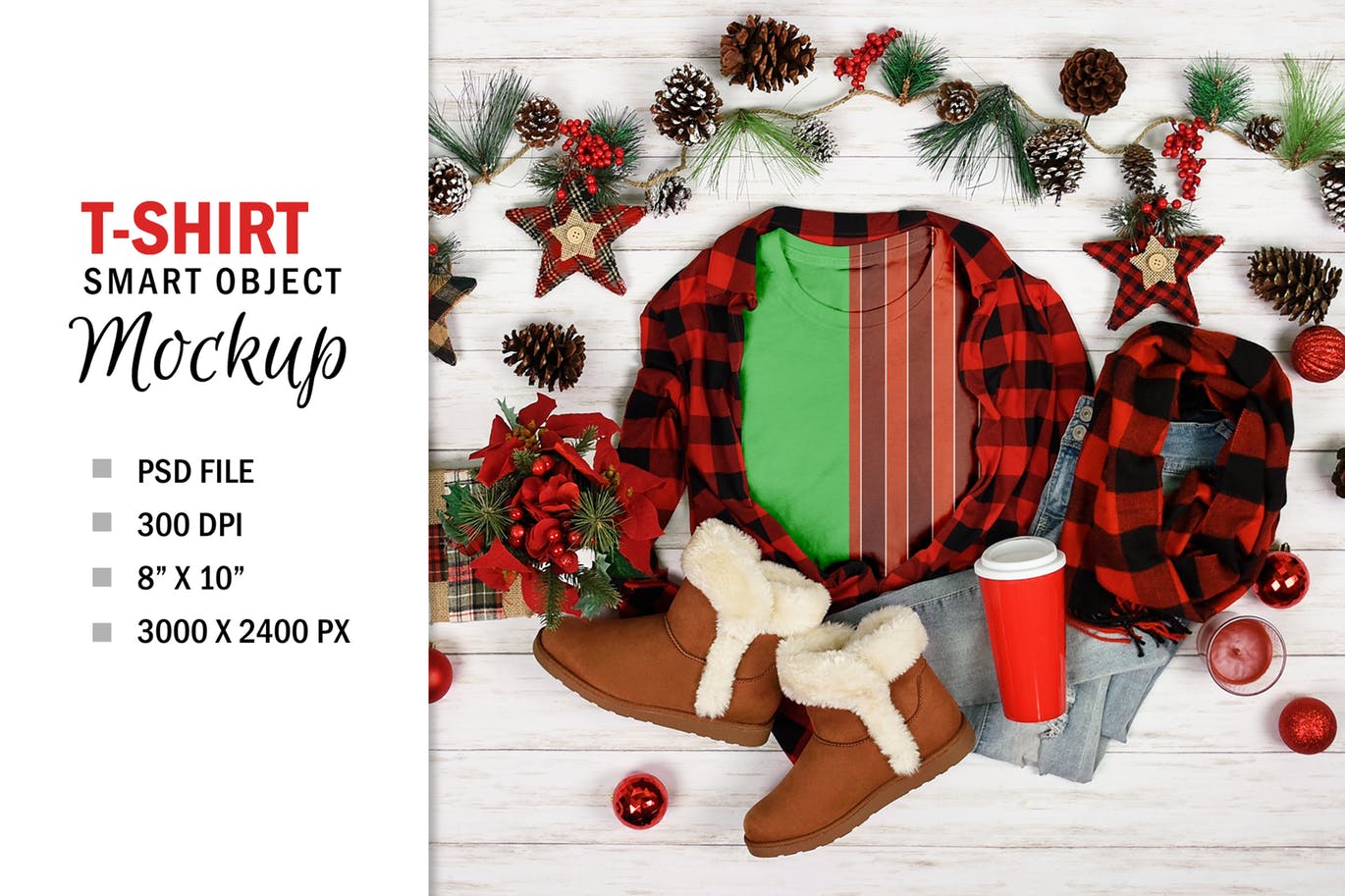 圣诞节T恤平铺展示样机模板 Christmas T-Shirt Mockup Flatlay Photoshop PSD