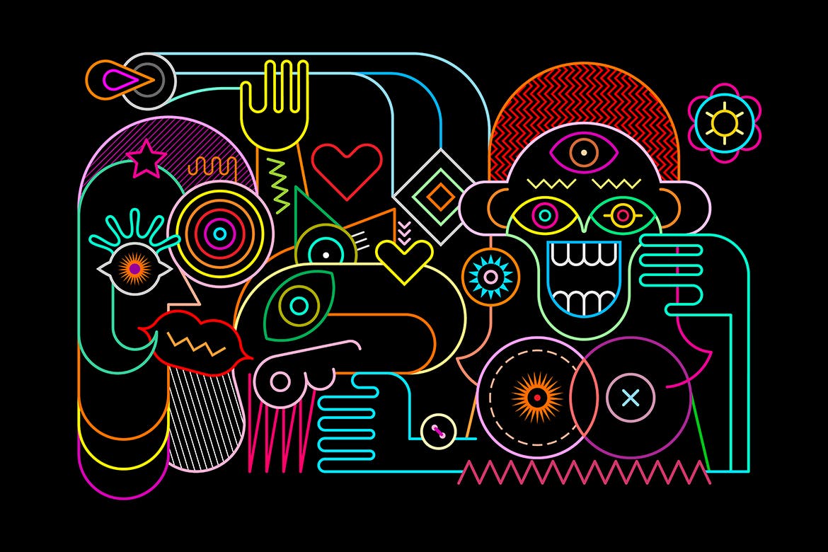 创意彩色线条艺术闺中密友矢量插画素材 Surprised Woman with Her Crazy Friends vector art