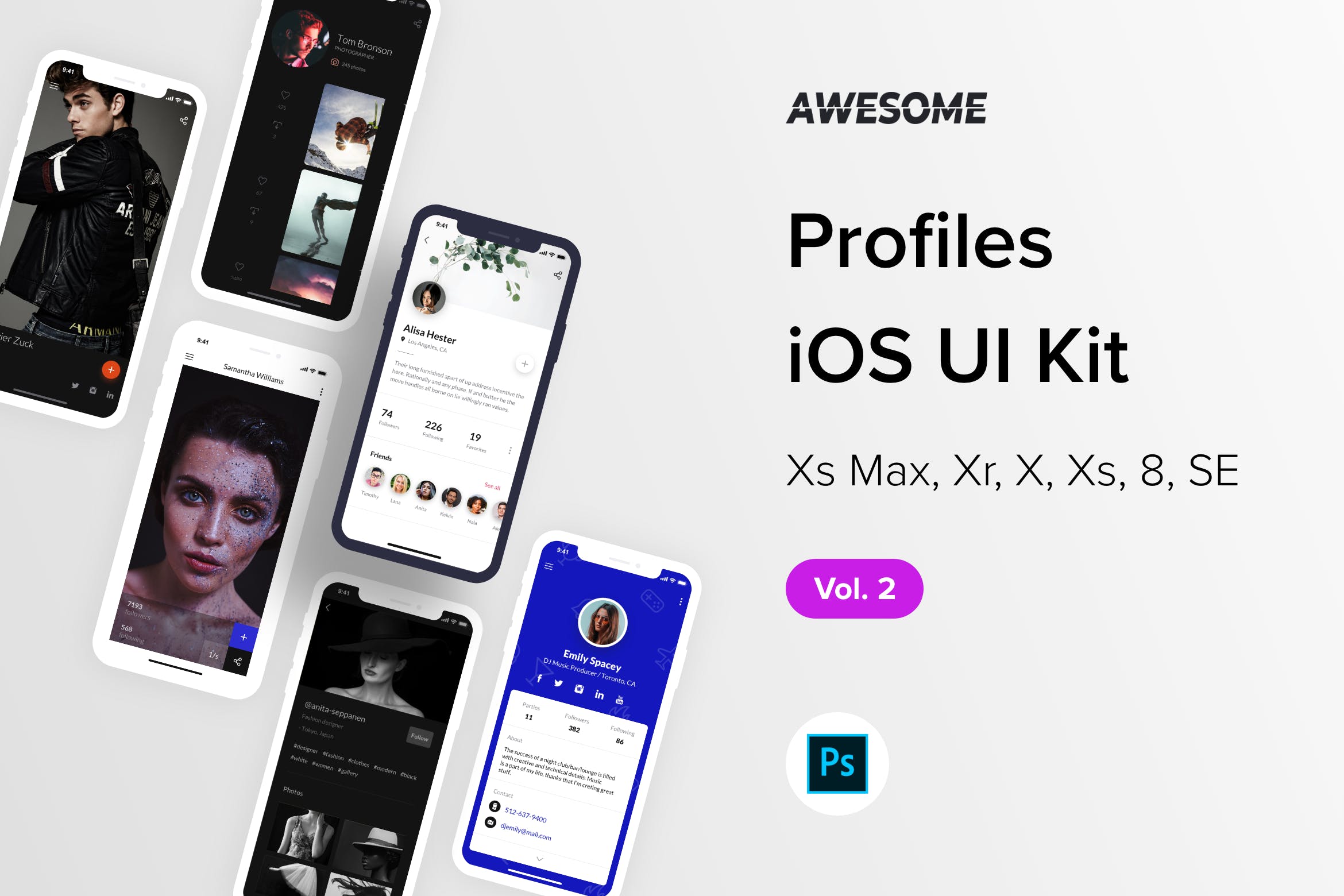 iOS平台职场社交APP应用个人中心界面设计UI套件PSD模板v2 Awesome iOS UI Kit – Profiles Vol. 2 (Photoshop)
