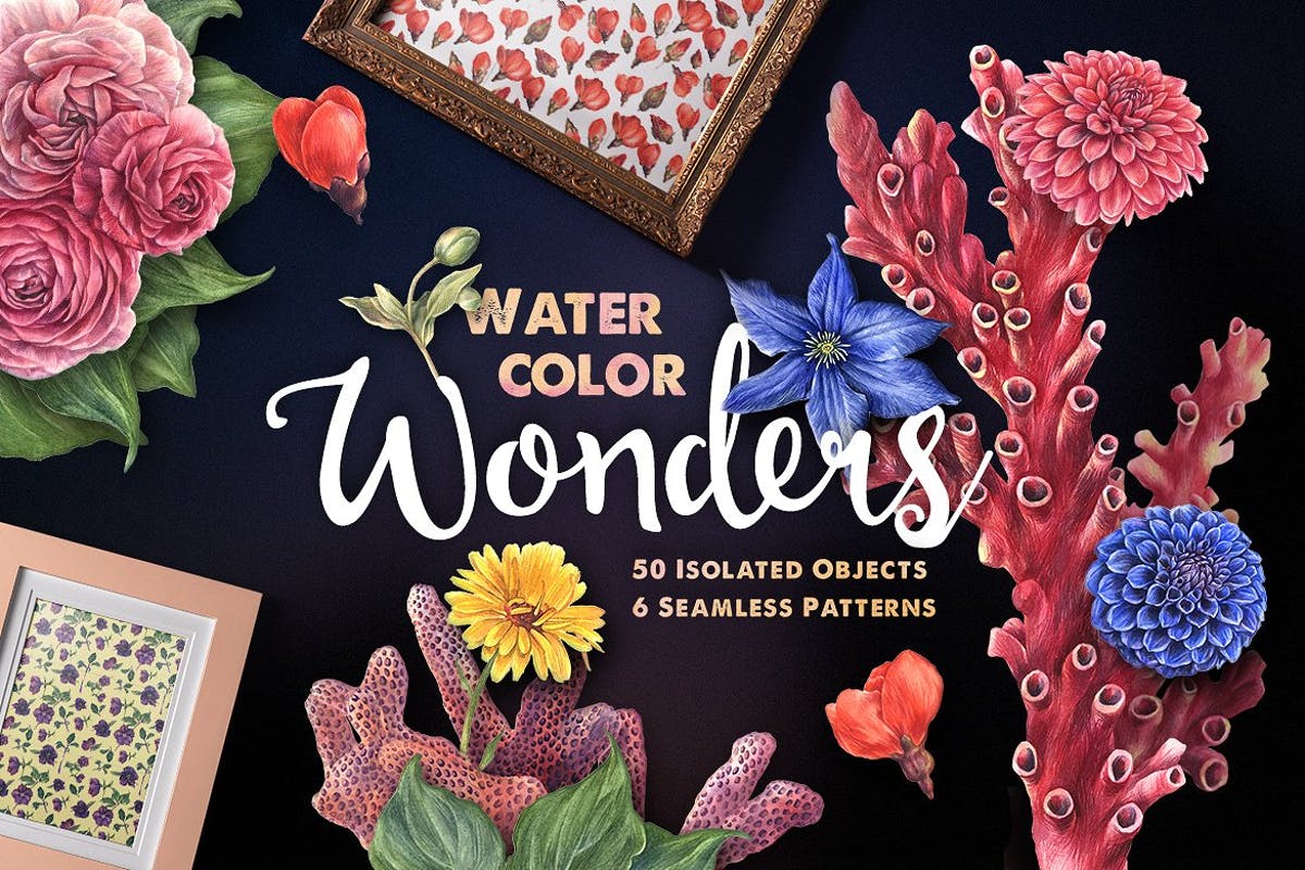 华丽的水彩奇观矢量图案设计套装 Watercolor Wonders Graphic Kit