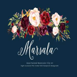 勃艮第水彩花卉艺术剪贴画 Watercolor flower Clip Art-Marsala