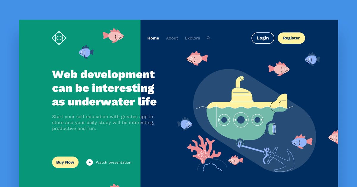 网站着陆页设计潜艇手绘场景插画素材 Submarine Landing Page Illustrations