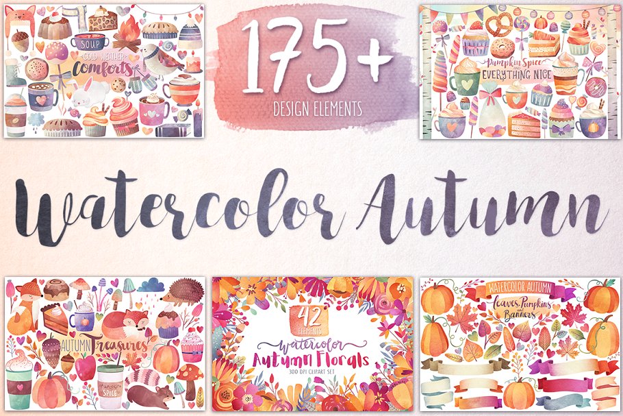 秋冬主题花卉、叶子&点心等水彩剪贴画 Watercolor Autumn & Winter Bundle