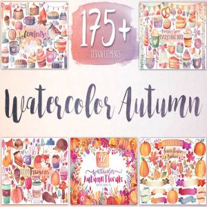 秋冬主题花卉、叶子&点心等水彩剪贴画 Watercolor Autumn & Winter Bundle
