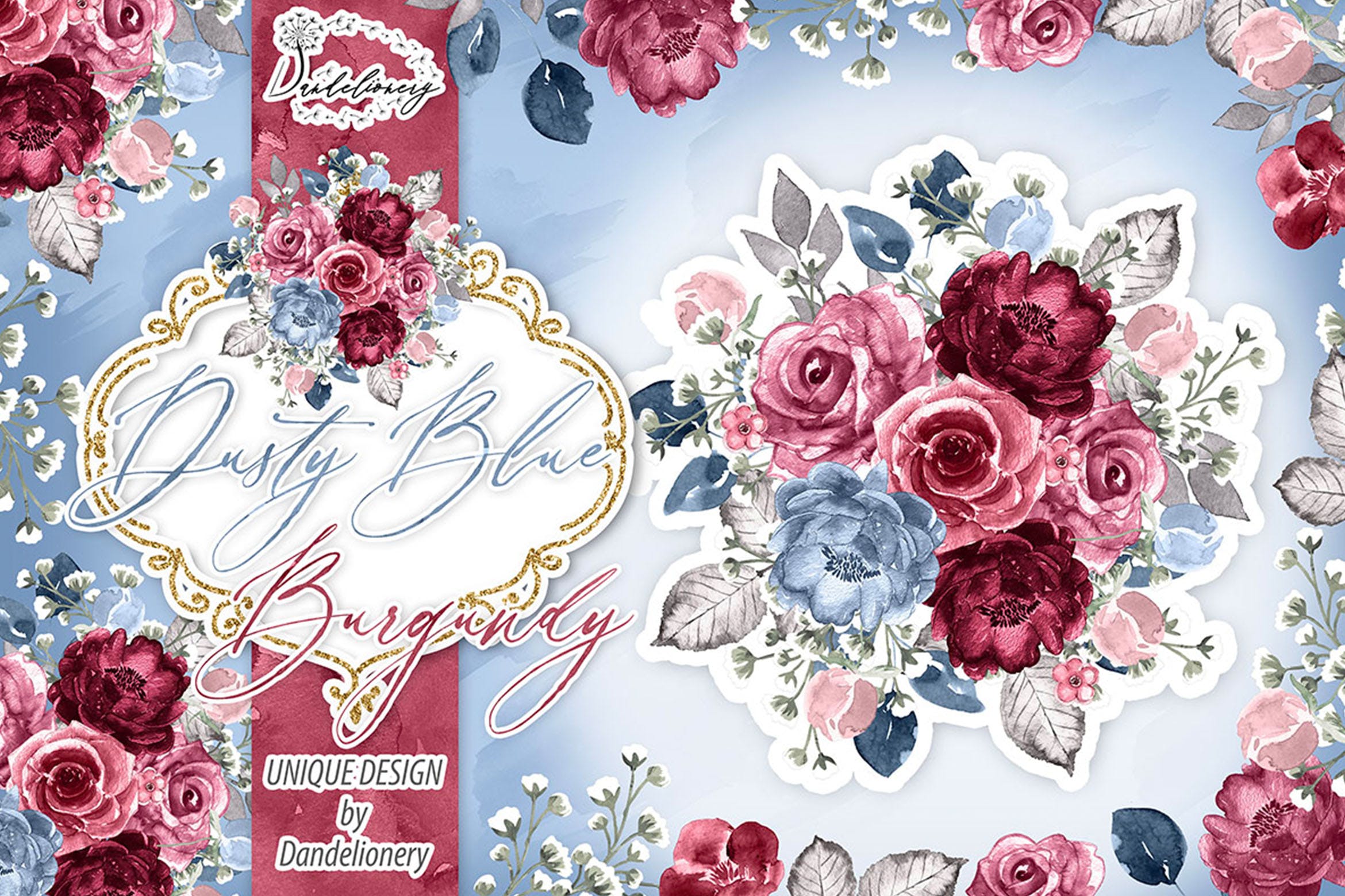 勃艮第红&蓝色水彩手绘花卉PNG素材 Watercolor Dusty Blue and Burgundy design