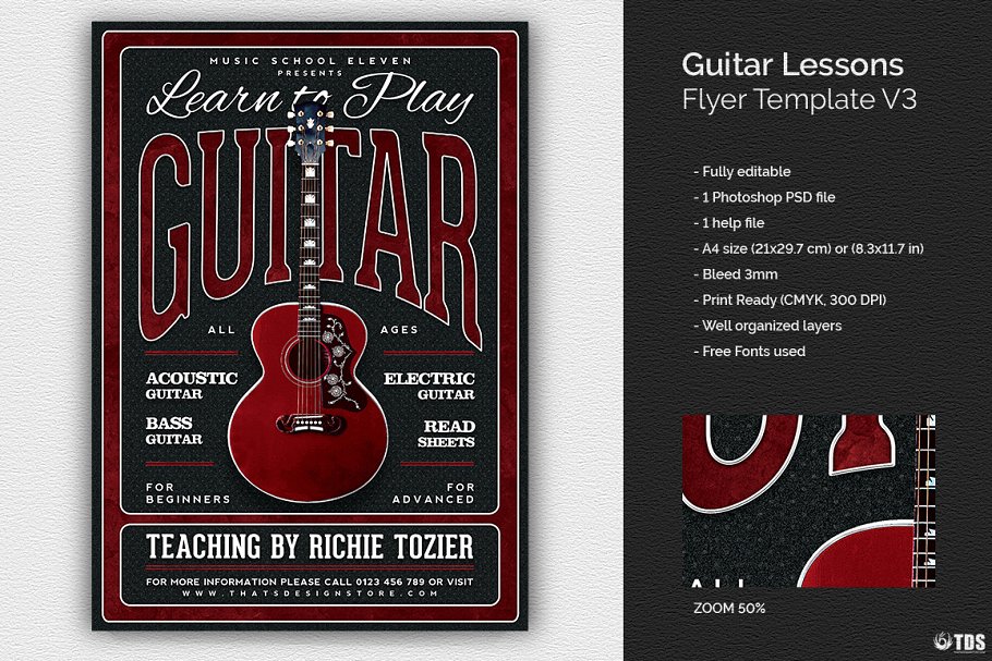 吉他教学培训机构宣传海报PSD模板V.3 Guitar Lessons Flyer PSD V3